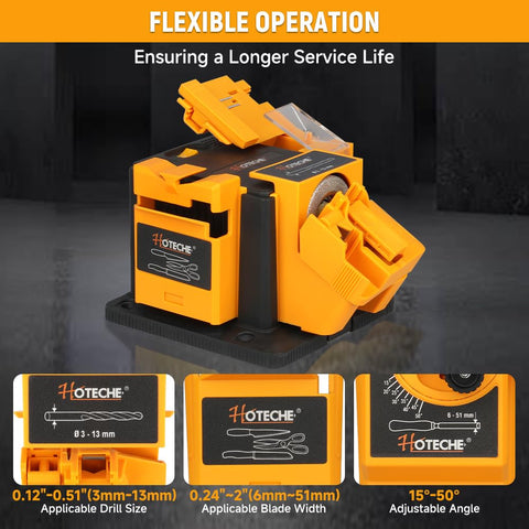 Hoteche sharpens blades from 1/4 inch to 2 inches for versatile tools.