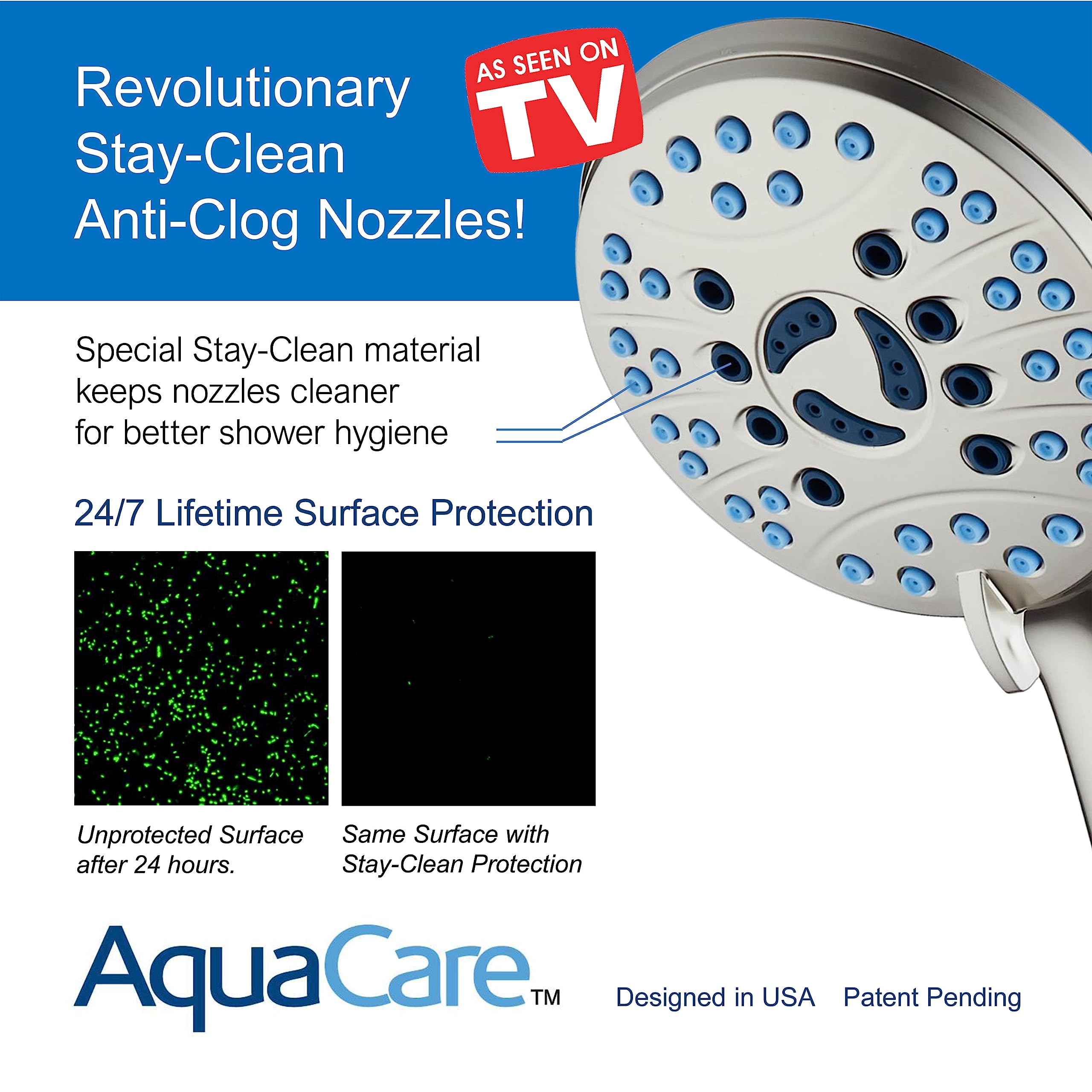 Hotel Spa AquaCare self-clean anti-clog nozzles maintain consistent spray