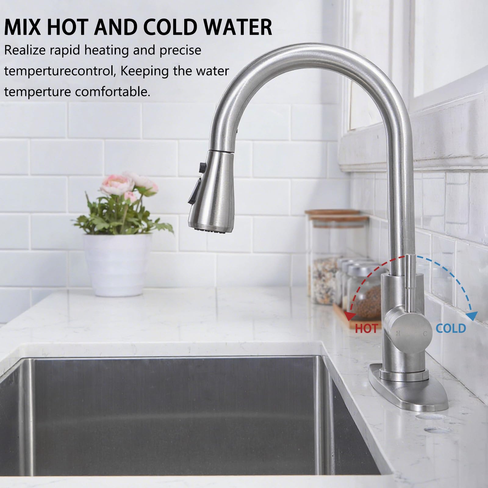 20-inch pull-out hose extends reach for large sinks with HOTIS
