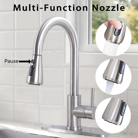 Three spray options on HOTIS faucet: stream, spray, pause