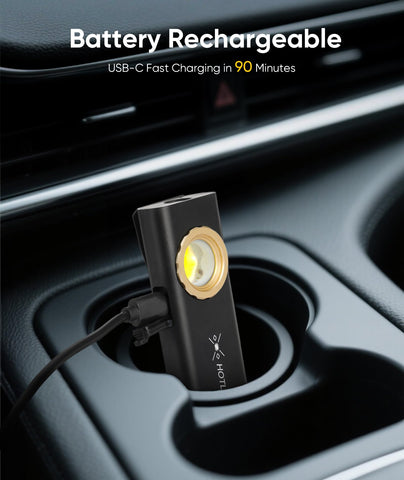 Hotligh Pocket Flashlight recharge port highlights quick 90-minute charging capability.