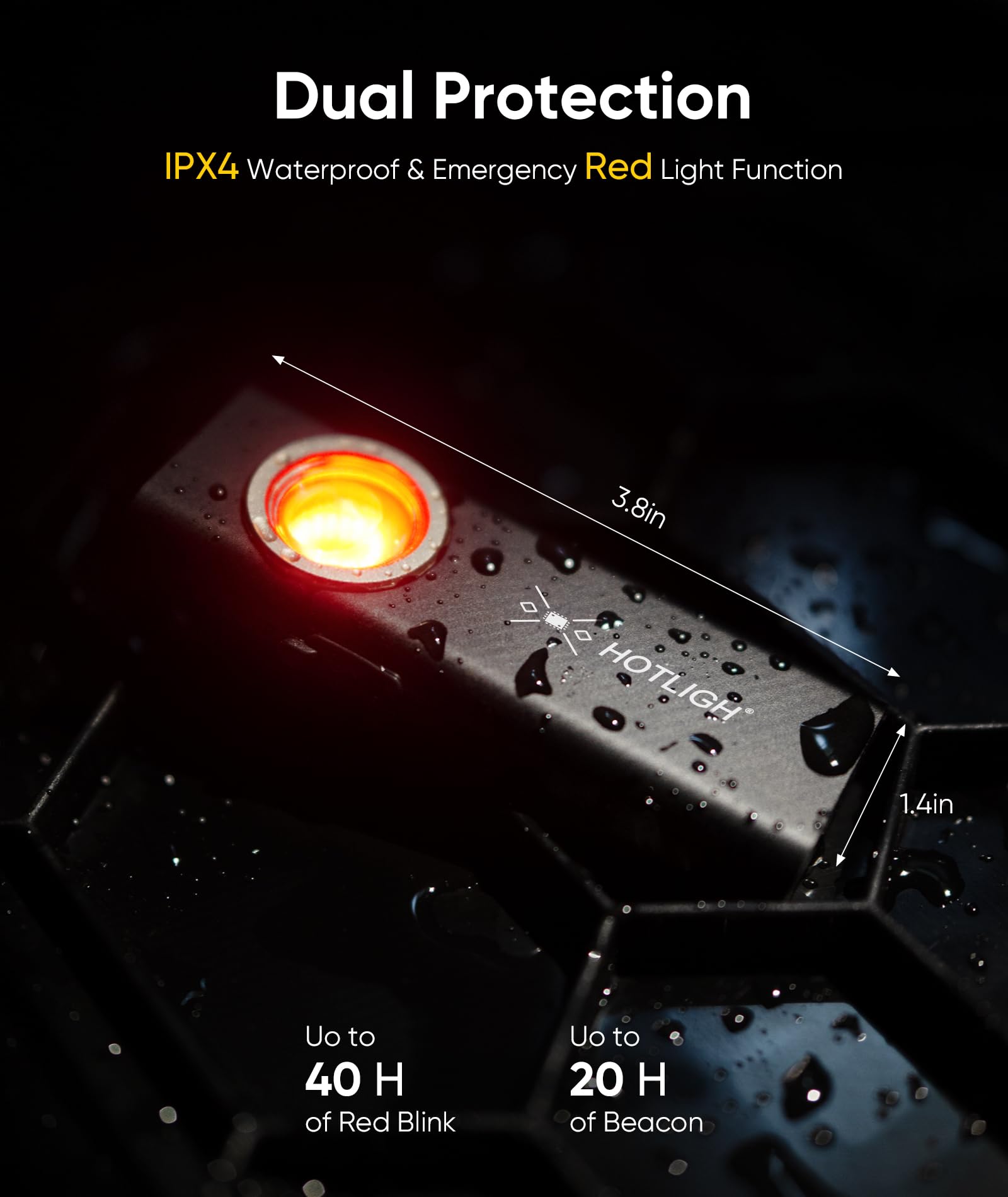 Hotligh Pocket Flashlight red emergency beacon mode signals in low-visibility outdoor settings.