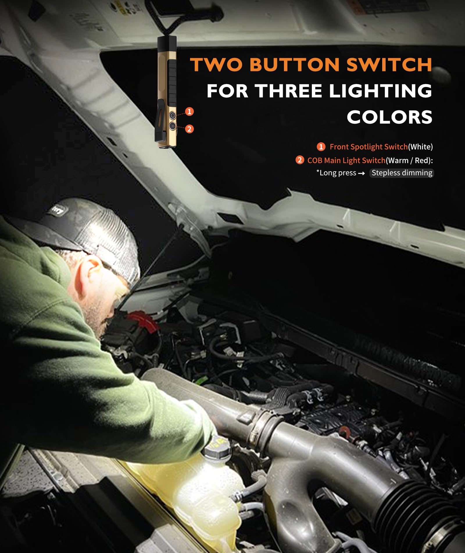 Magnetic clip base keeps HOTLIGH secure on metal surfaces during repairs.