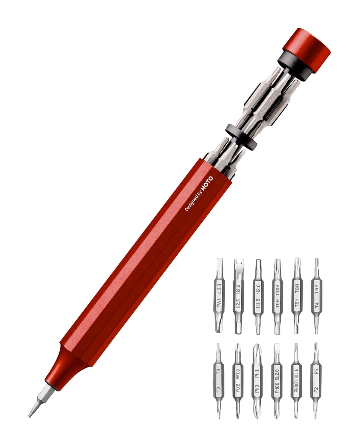 HOTO 24-in-1 magnetic mini screwdriver set displayed in cinnabar red for electronics repairs.