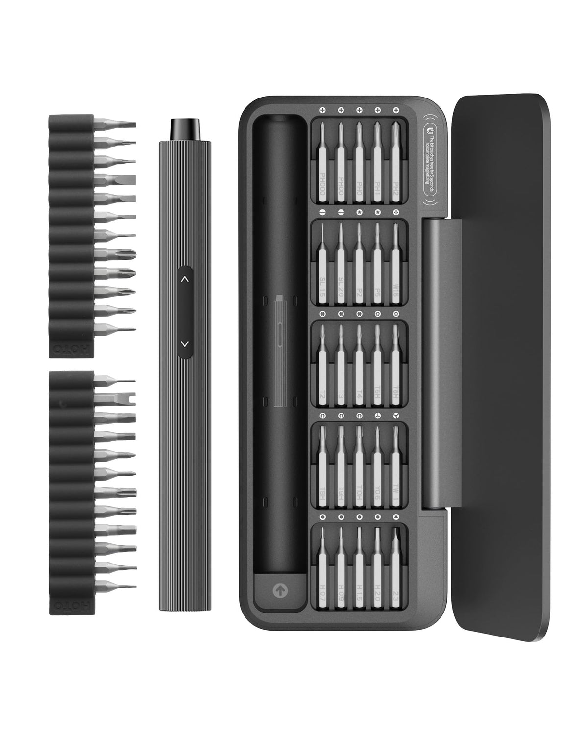 HOTO 25+24 S2 steel bits set stored magnetically for easy access.