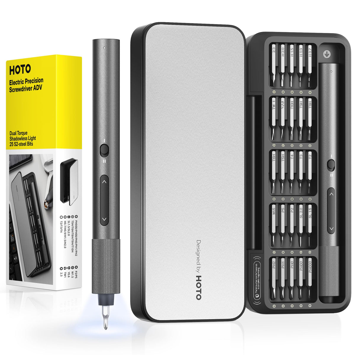 HOTO 25-in-1 ADV mini screwdriver with bit array simplifies repair organization and quick bit swaps.