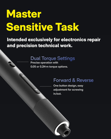 HOTO dual-torque system offers gentle or stronger drive for delicate electronics.
