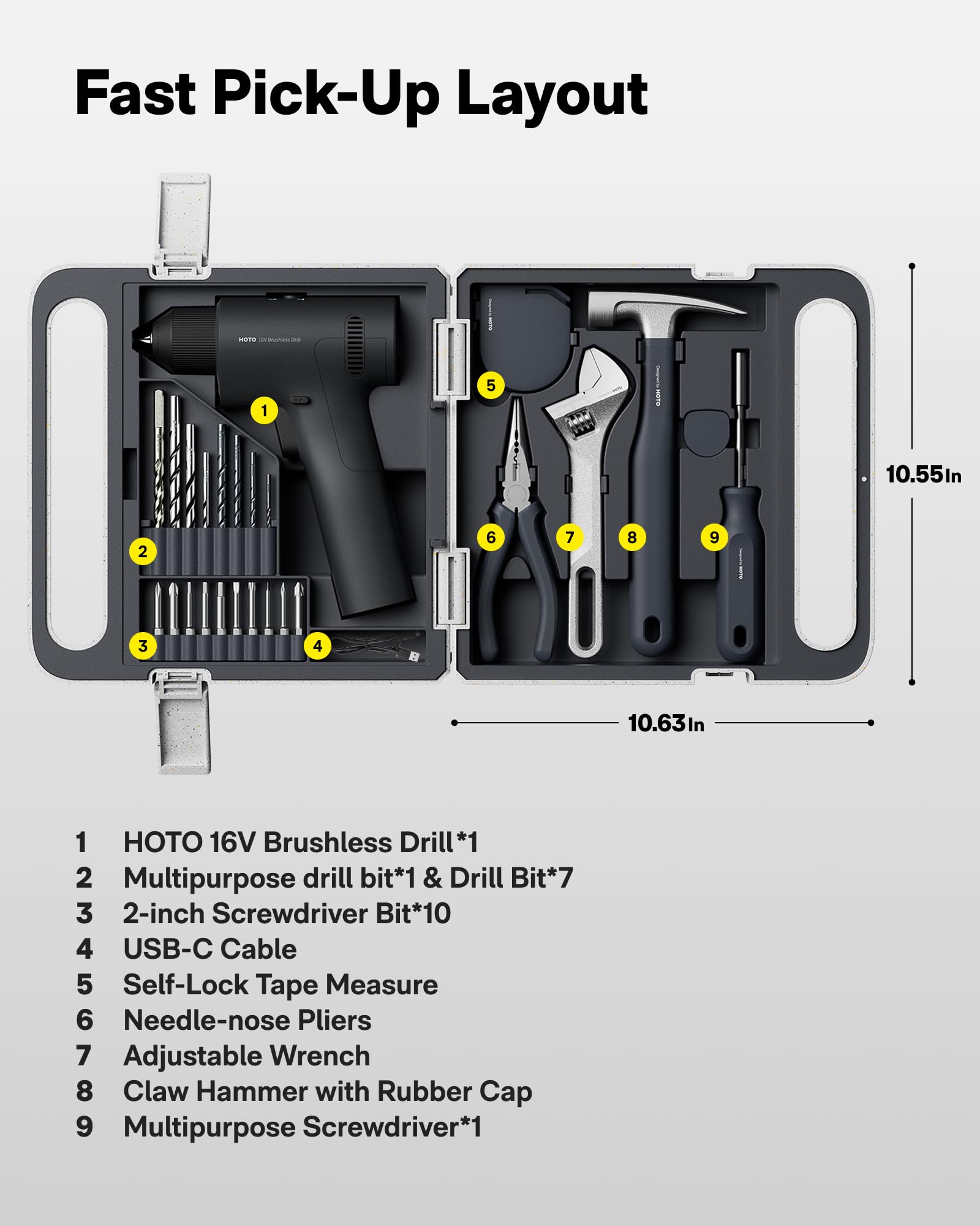 HOTO includes hammer, wrench, pliers, and bits for quick setup.