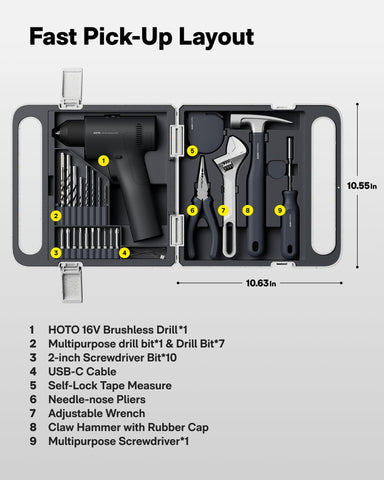 HOTO includes hammer, wrench, pliers, and bits for quick setup.