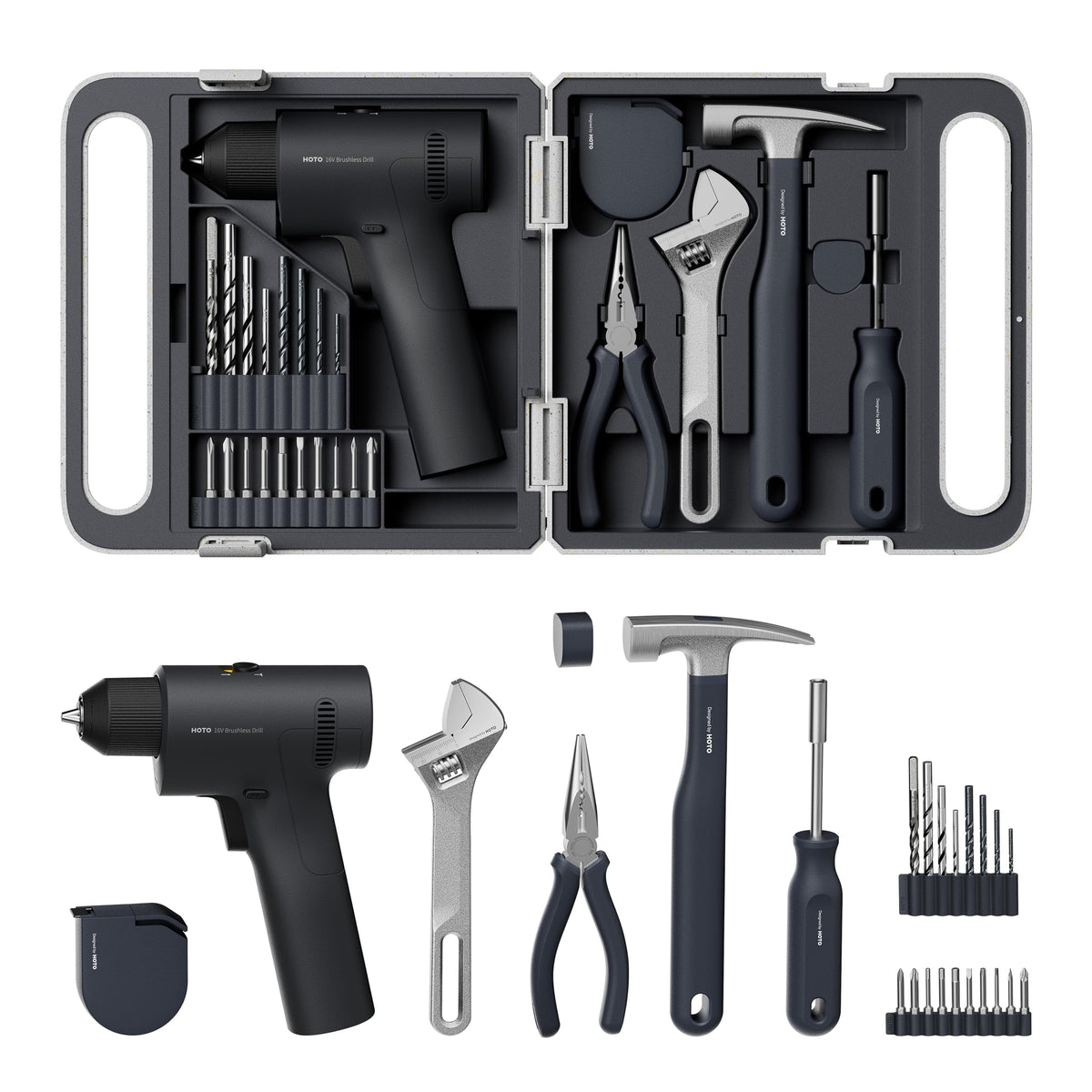 HOTO 25-piece toolkit with smart case and drill for easy storage and transport.