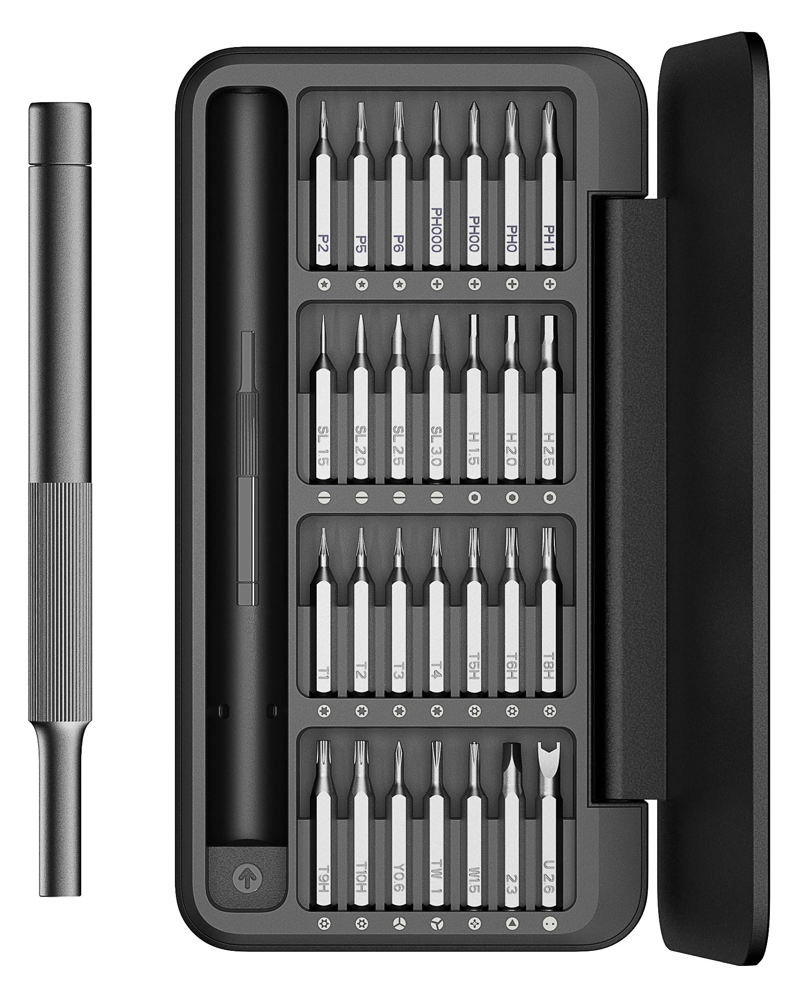 HOTO 28-in-1 precision screwdriver set case shows organized bits for on-the-go repairs