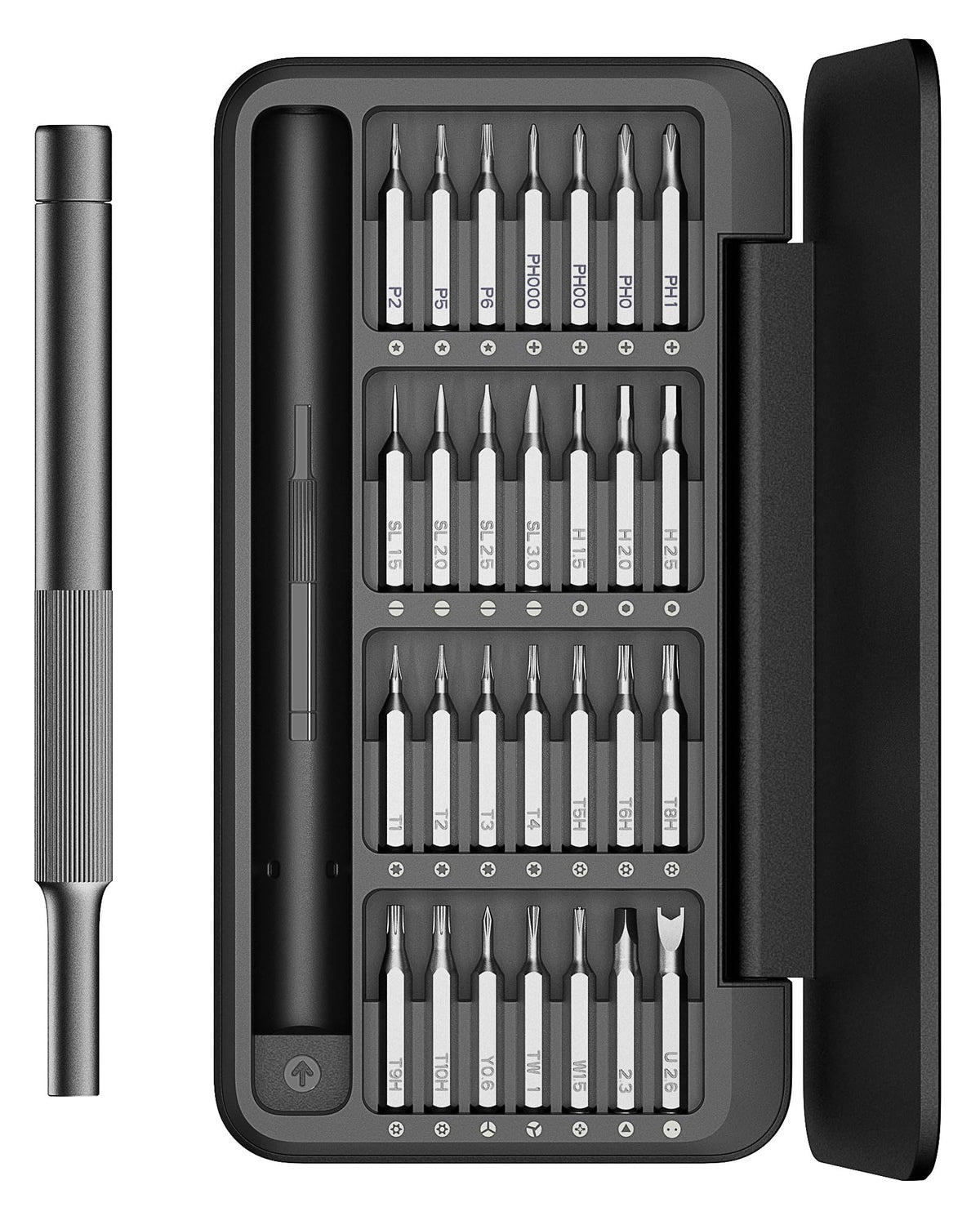 HOTO 28-in-1 precision screwdriver set case shows organized bits for on-the-go repairs