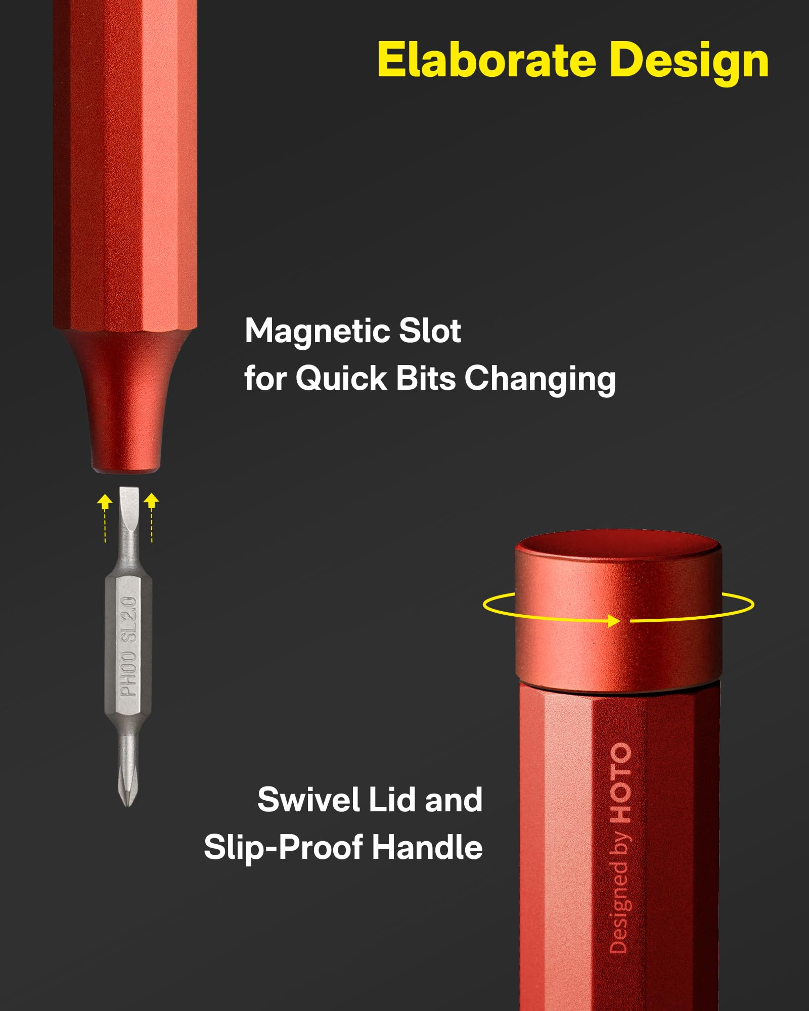 Screwdriver showing magnetic storage inside handle for tidy portability.