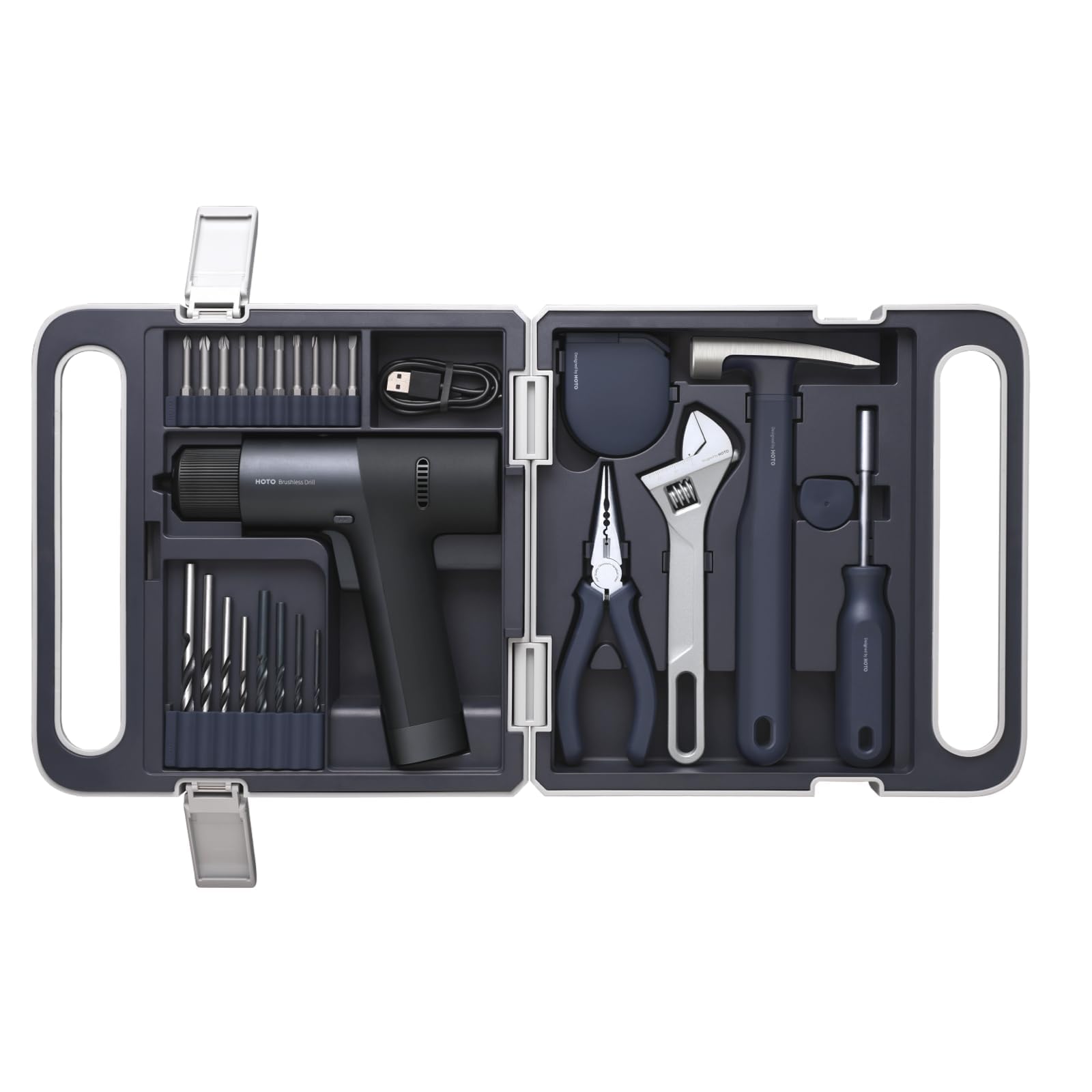 HOTO cordless drill kit in a portable case showing organized storage for DIY projects.