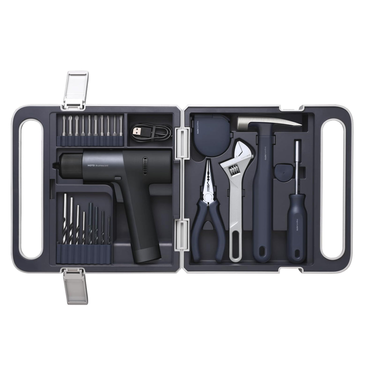 HOTO cordless drill kit in a portable case showing organized storage for DIY projects.