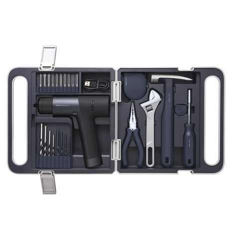 HOTO cordless drill kit in a portable case showing organized storage for DIY projects.