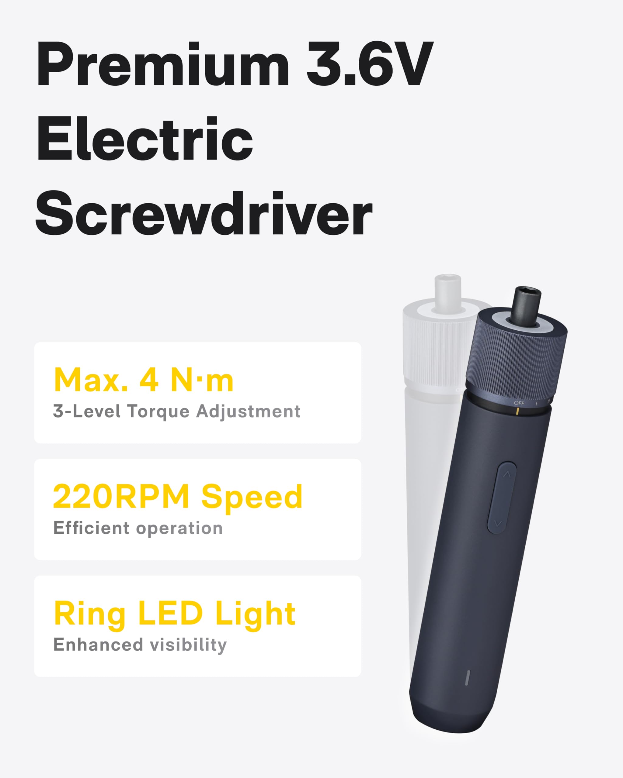 HOTO electric screwdriver with LED and three torque levels for precise driving.