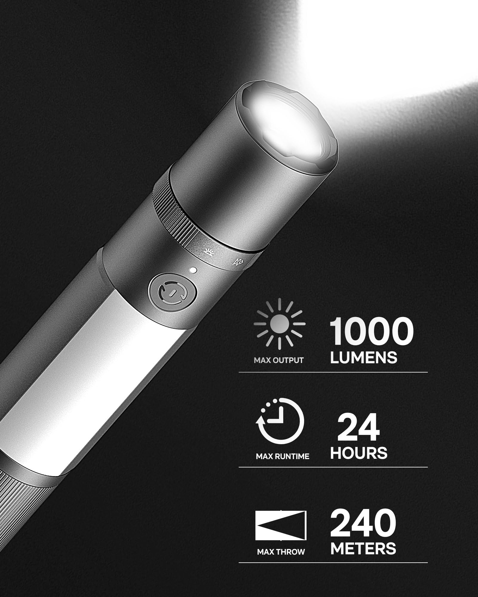 HOTO Emergency Flashlight beam reaches 240 meters for long-range night searches.