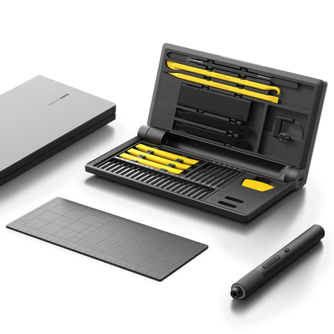 HOTO precision screwdriver set on upright workpad for precise electronics repair.