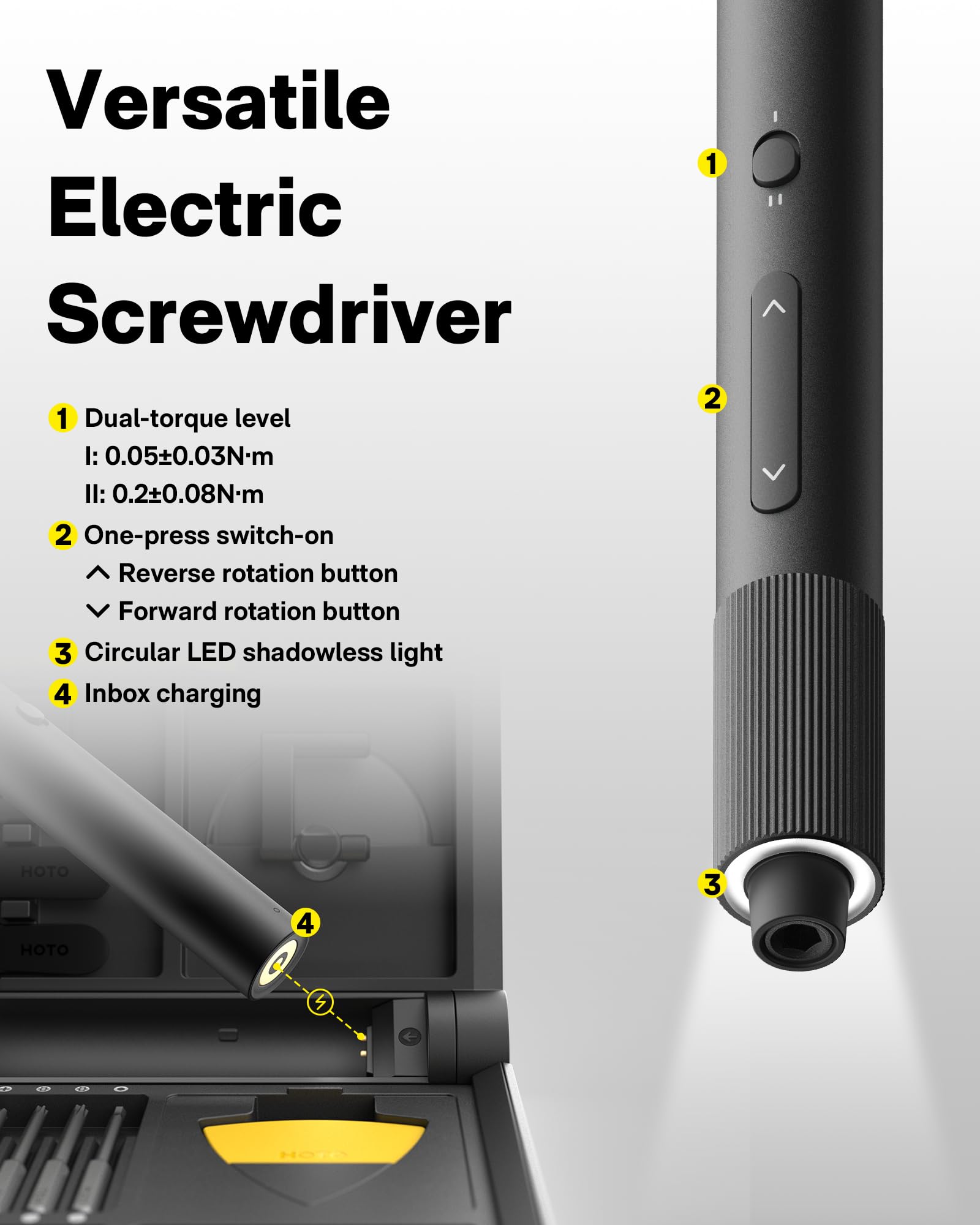 HOTO two torque settings support delicate electronics work with control.