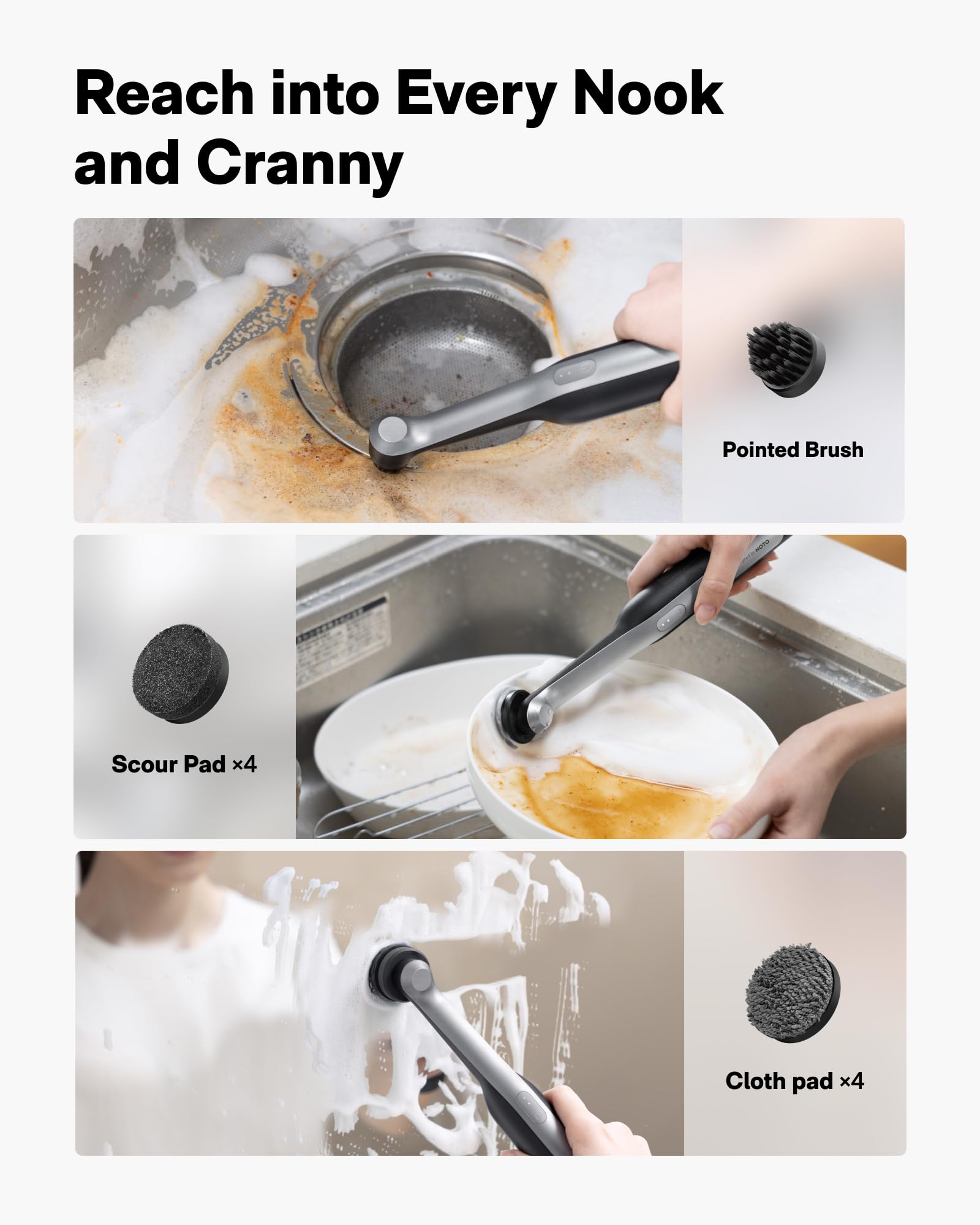 HOTO Wand dual-speed control for delicate and heavy-duty scrubbing.