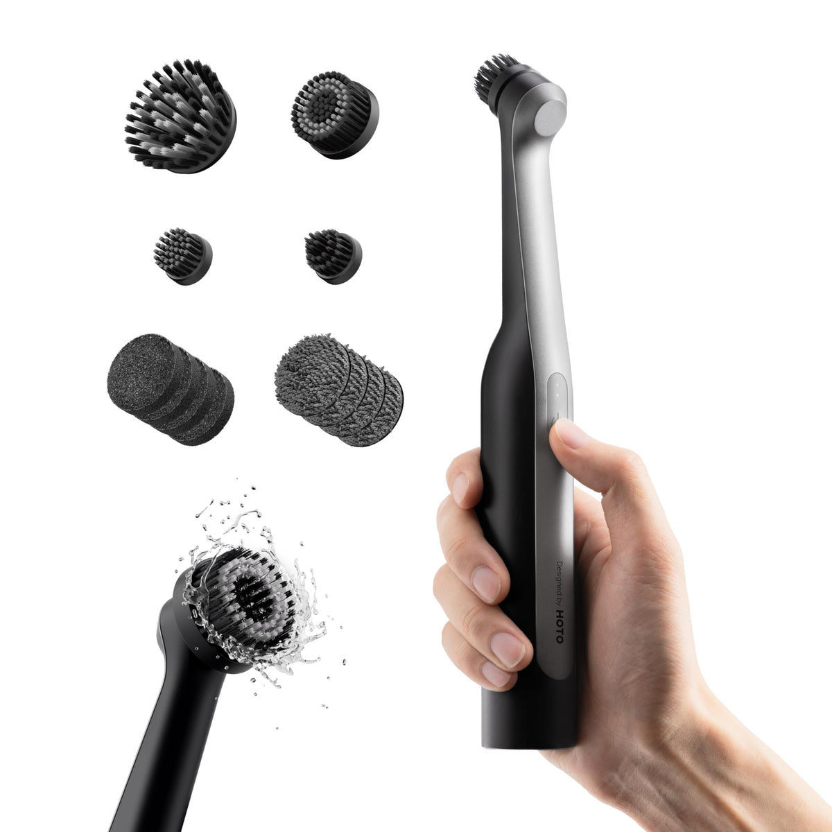 HOTO Wand electric grout brush shows 360-degree rotation for deep grout cleaning.