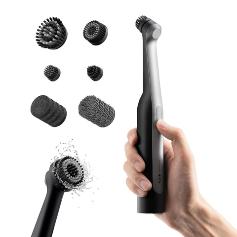 HOTO Wand electric grout brush shows 360-degree rotation for deep grout cleaning.