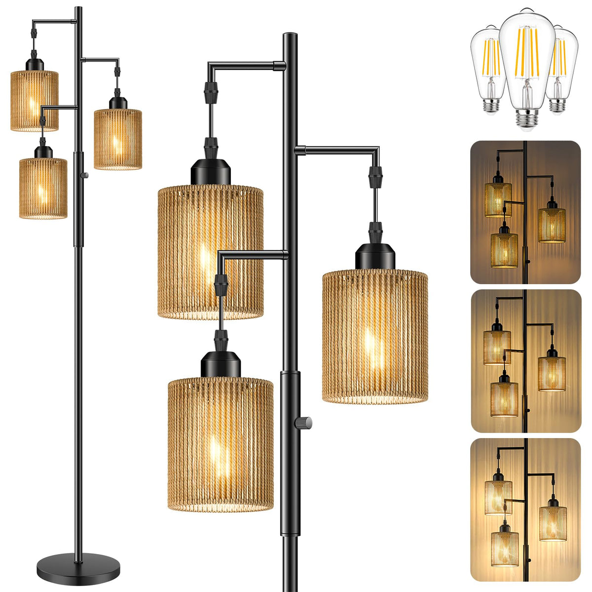 Hotsonic 72-inch rattan boho floor lamp stands tall for a cozy living room glow.