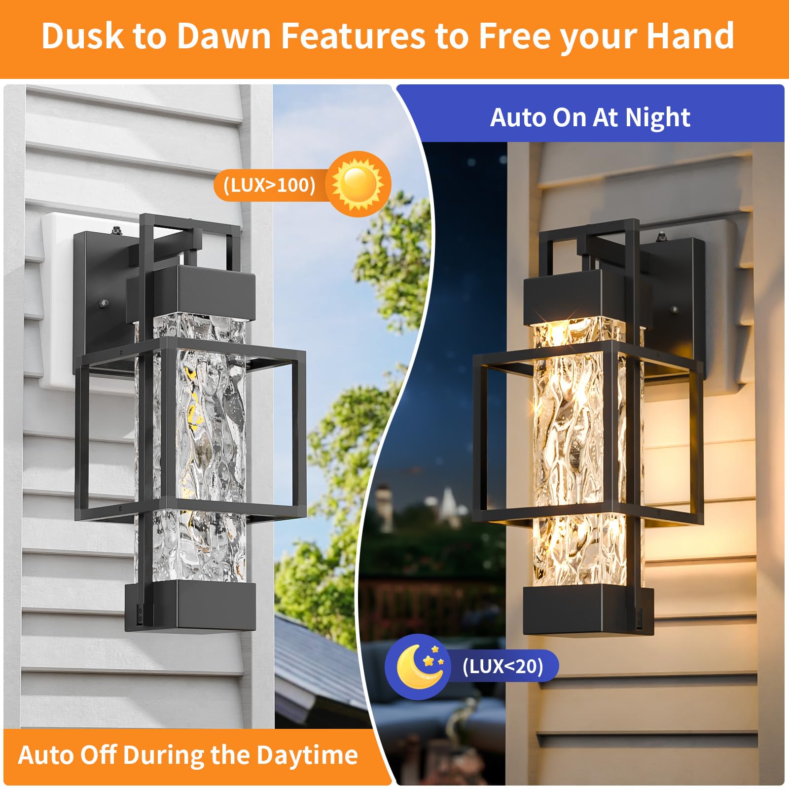 Hotsonic dusk-to-dawn porch light with warm glow at night