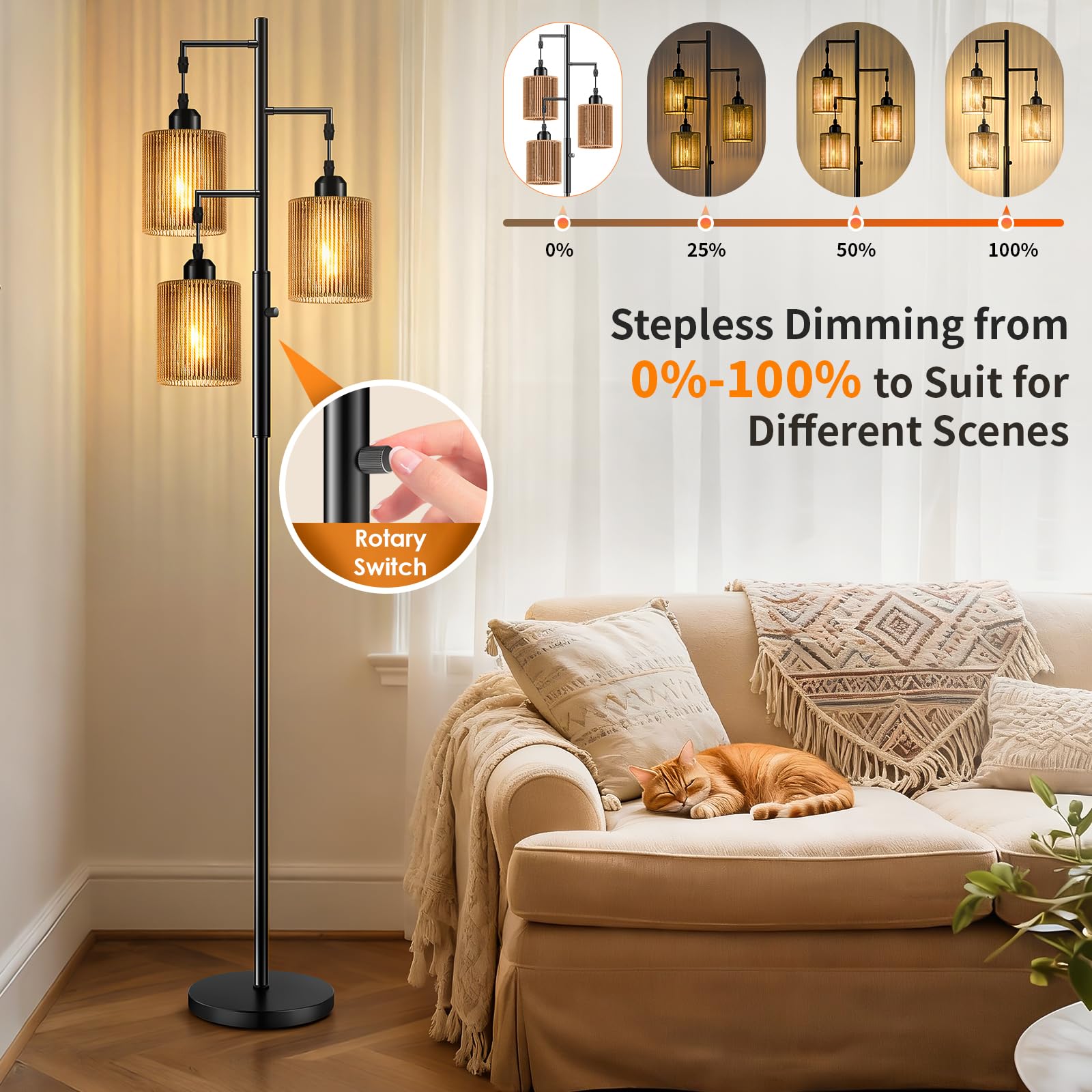 Hotsonic eye-caring striped rattan shade delivers relaxed reading light.
