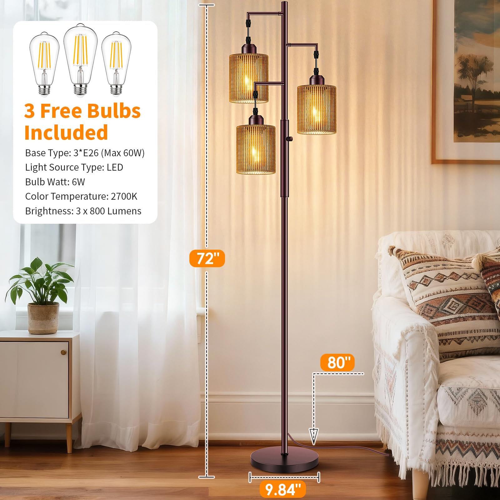 Hotsonic three-800lm-led-bulbs-included-floor-lamp ships with long-lasting bulbs.