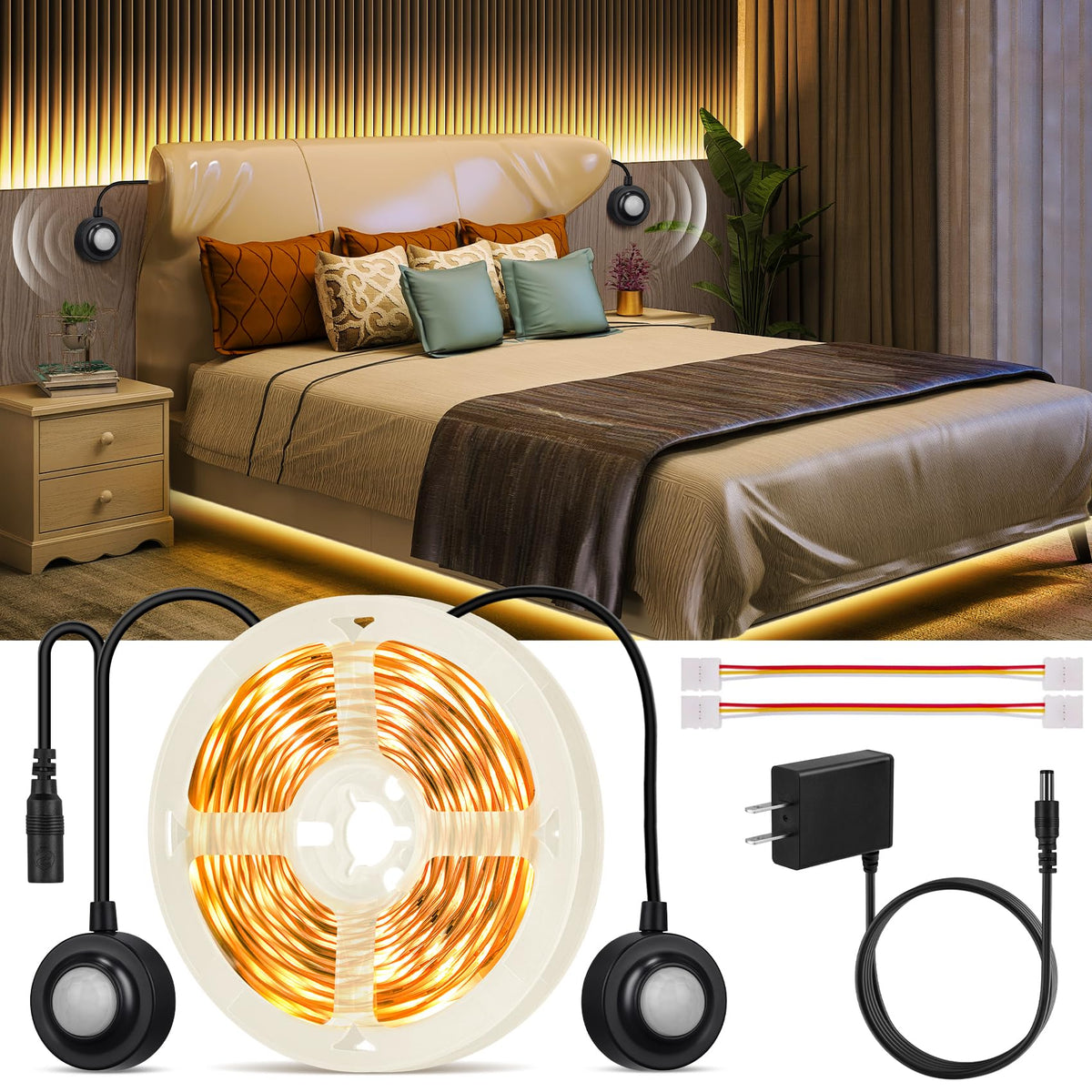 HOUHUI dual motion sensor light illuminates under the bed for easy nighttime access.