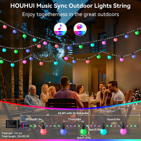 HOUHUI app control panel with color options and effects.