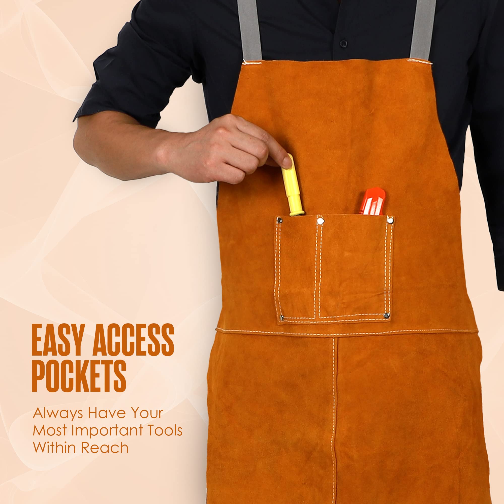 Houseables leather apron is multipurpose for kitchen cleaning, garage chores, and farm tasks