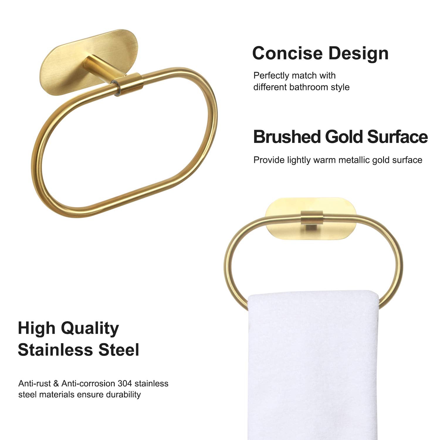 Brushed gold towel ring detail highlights smooth edges and elegant finish.