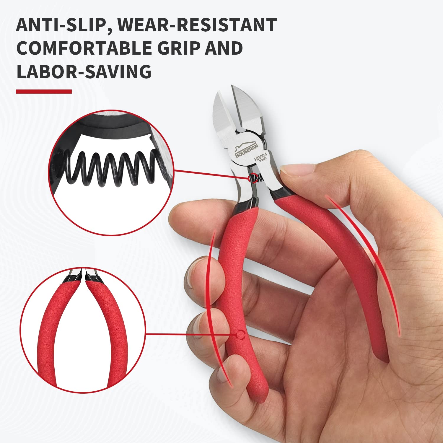 HOUSERAN diagonal cutters with spring-loaded mechanism for reduced fatigue.
