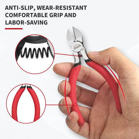 HOUSERAN diagonal cutters with spring-loaded mechanism for reduced fatigue.