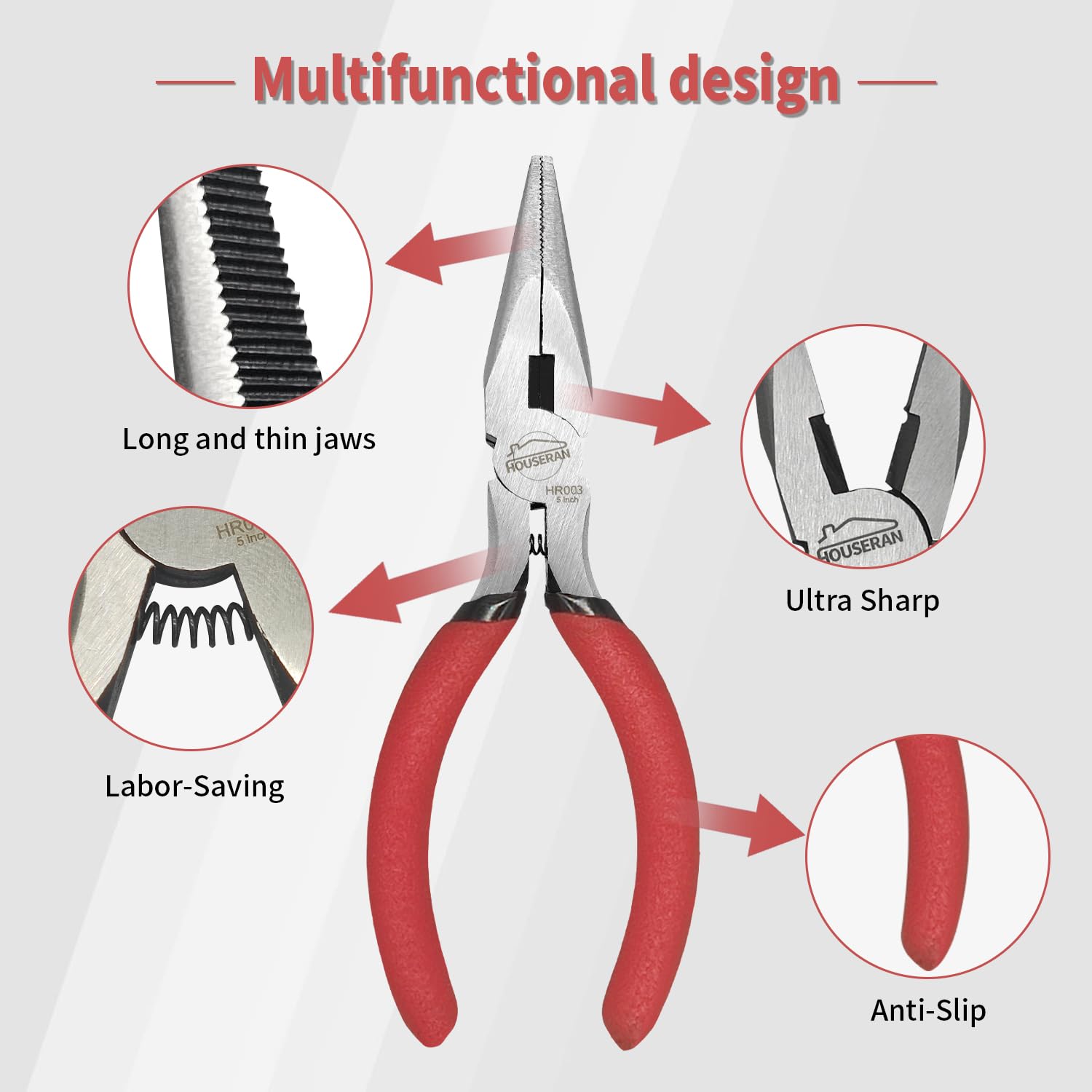 HOUSERAN spring-loaded pliers reduce hand fatigue during one-handed use.