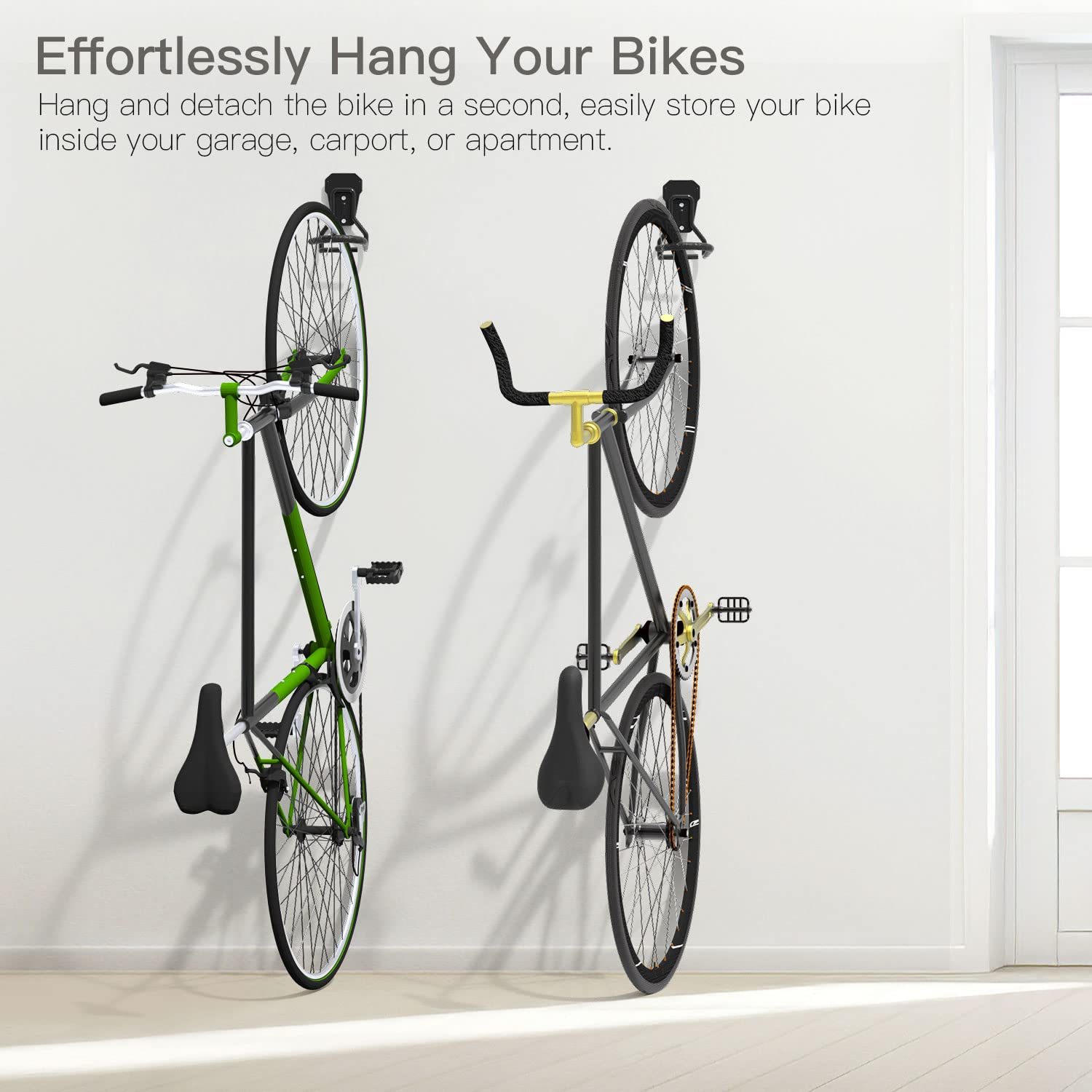 Housolution bike wall mount with bike attached demonstrates vertical storage