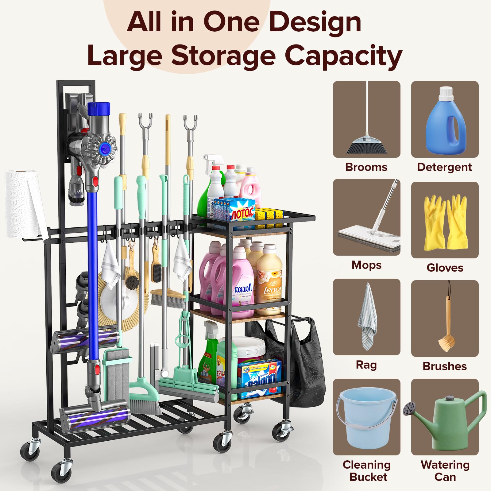 Housolution cart featuring broom and mop holders for quick tool access