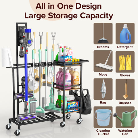 Housolution cart featuring broom and mop holders for quick tool access