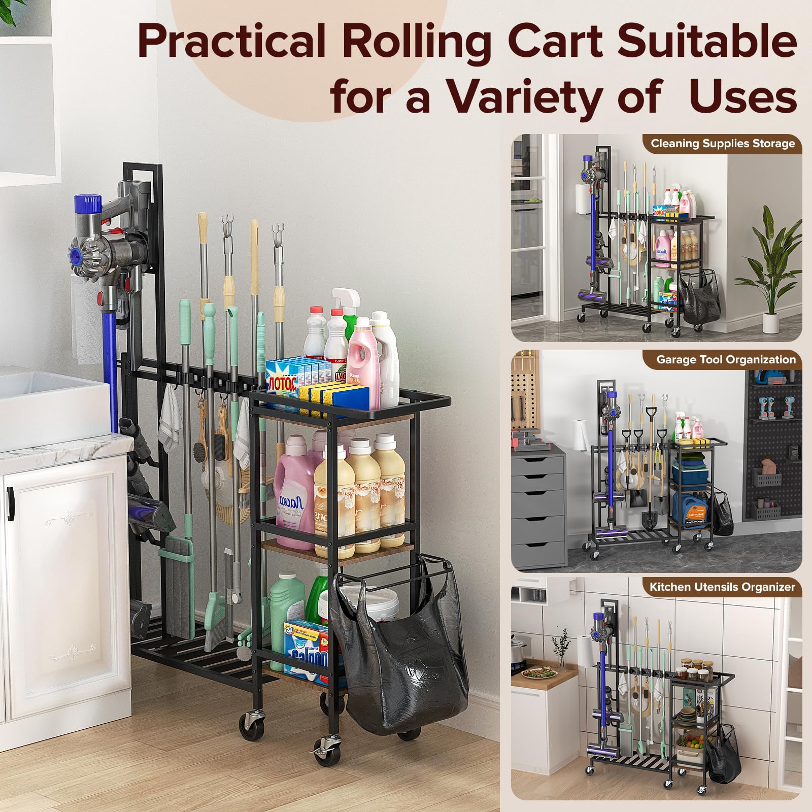 Housolution cart with multi-use organizer for tools and cleaners