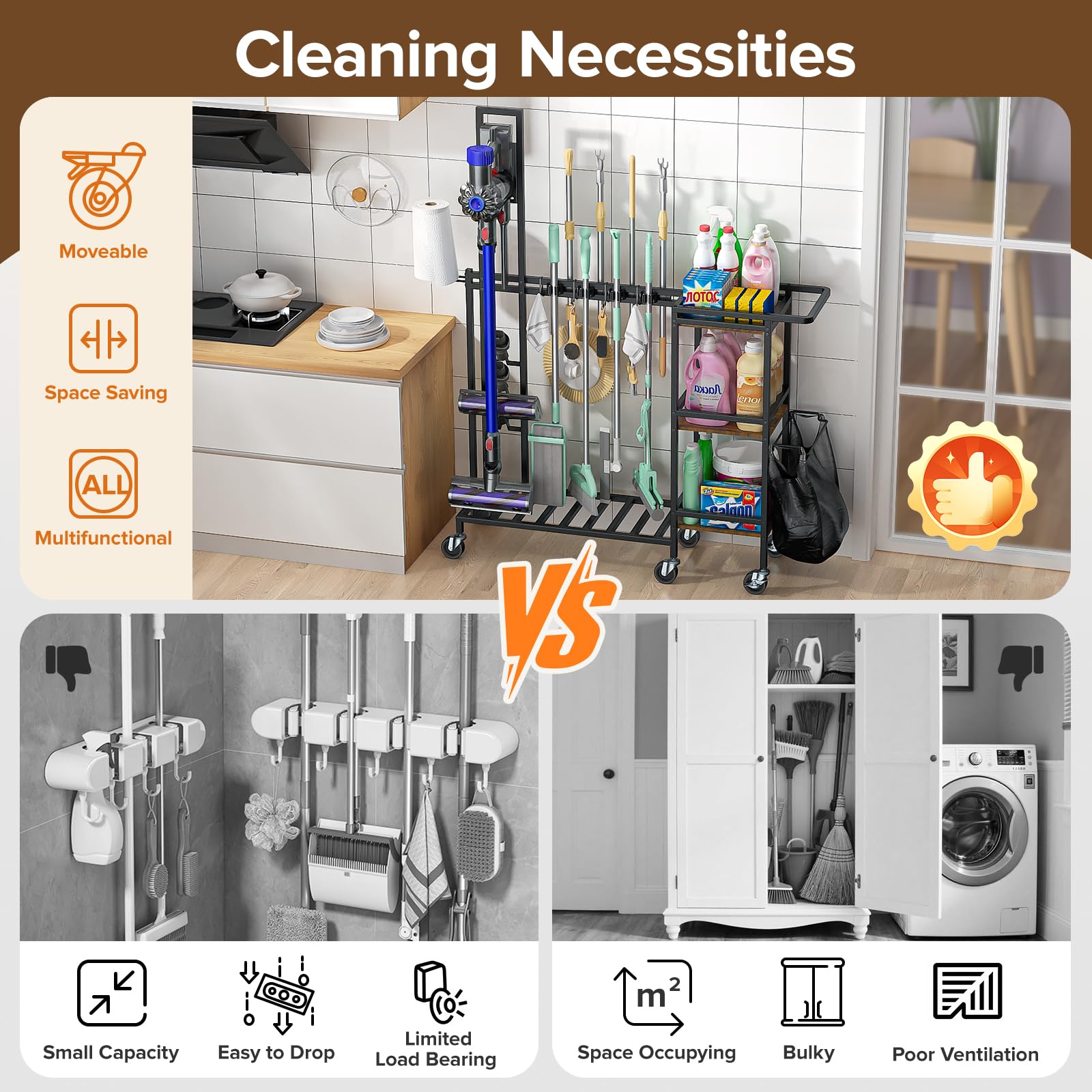 Housolution cart shelves organized with cleaning supplies and towels