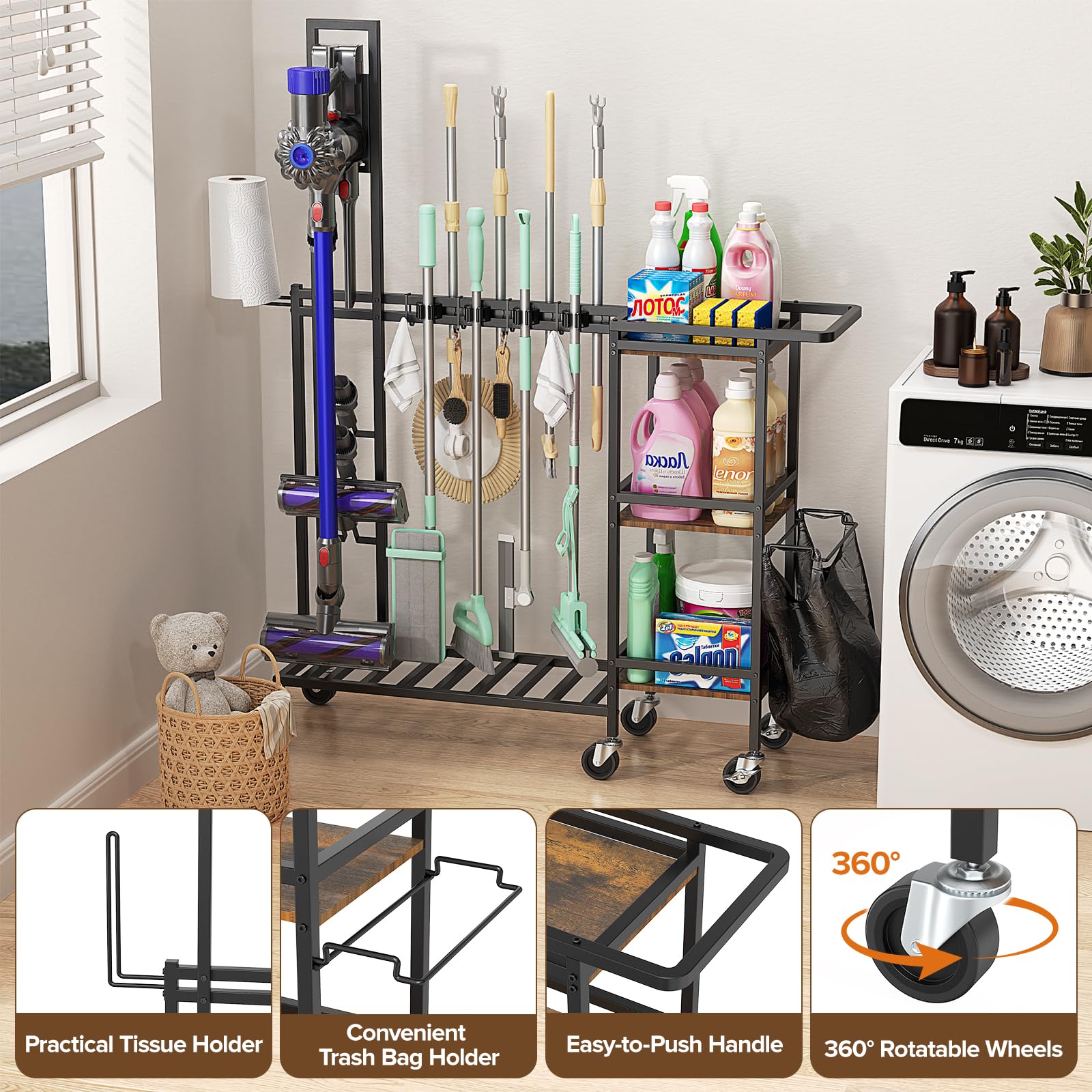 Housolution cart tissue and trash bag holders for waste management