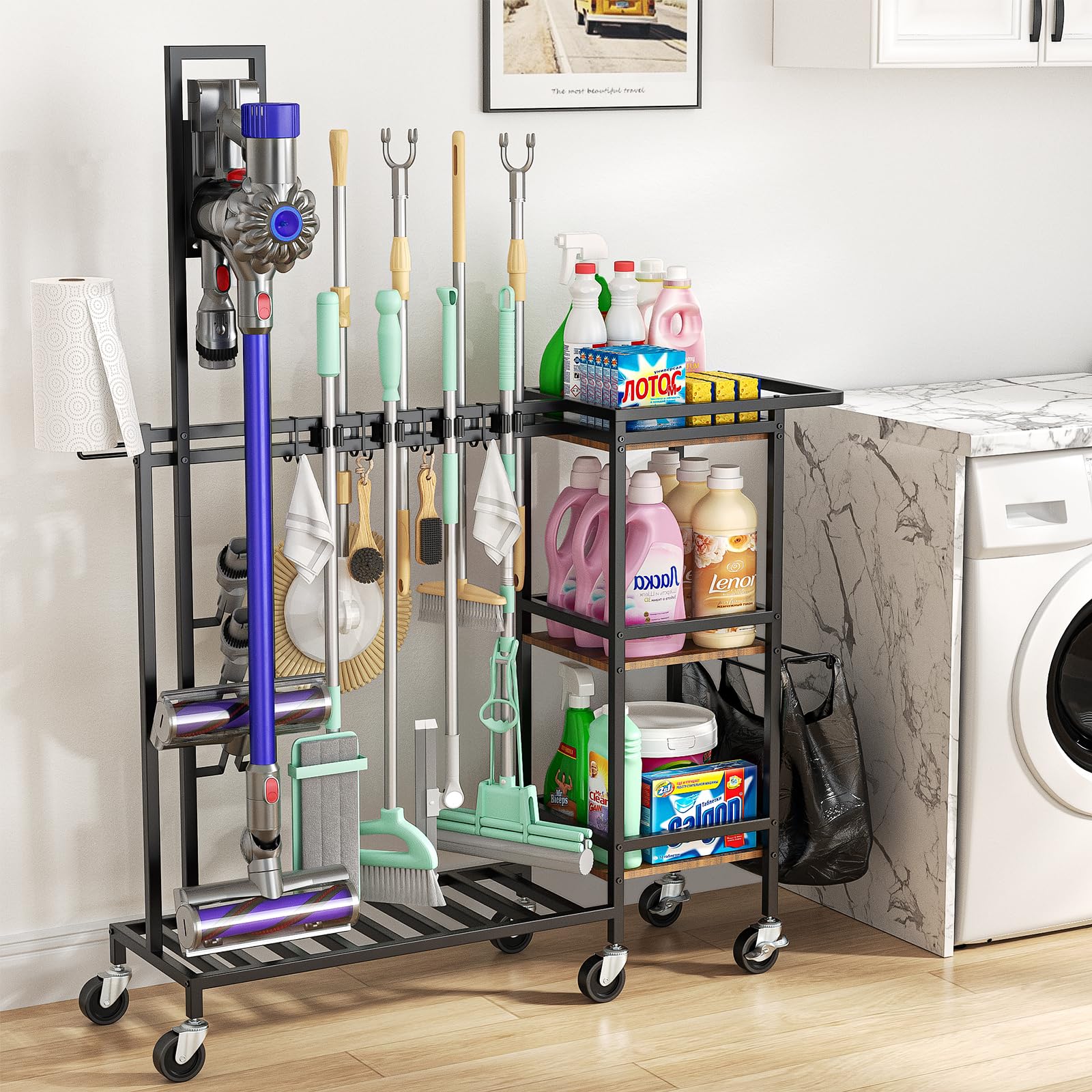 Housolution cart with vacuum stand securely holding a Dyson, ready for use
