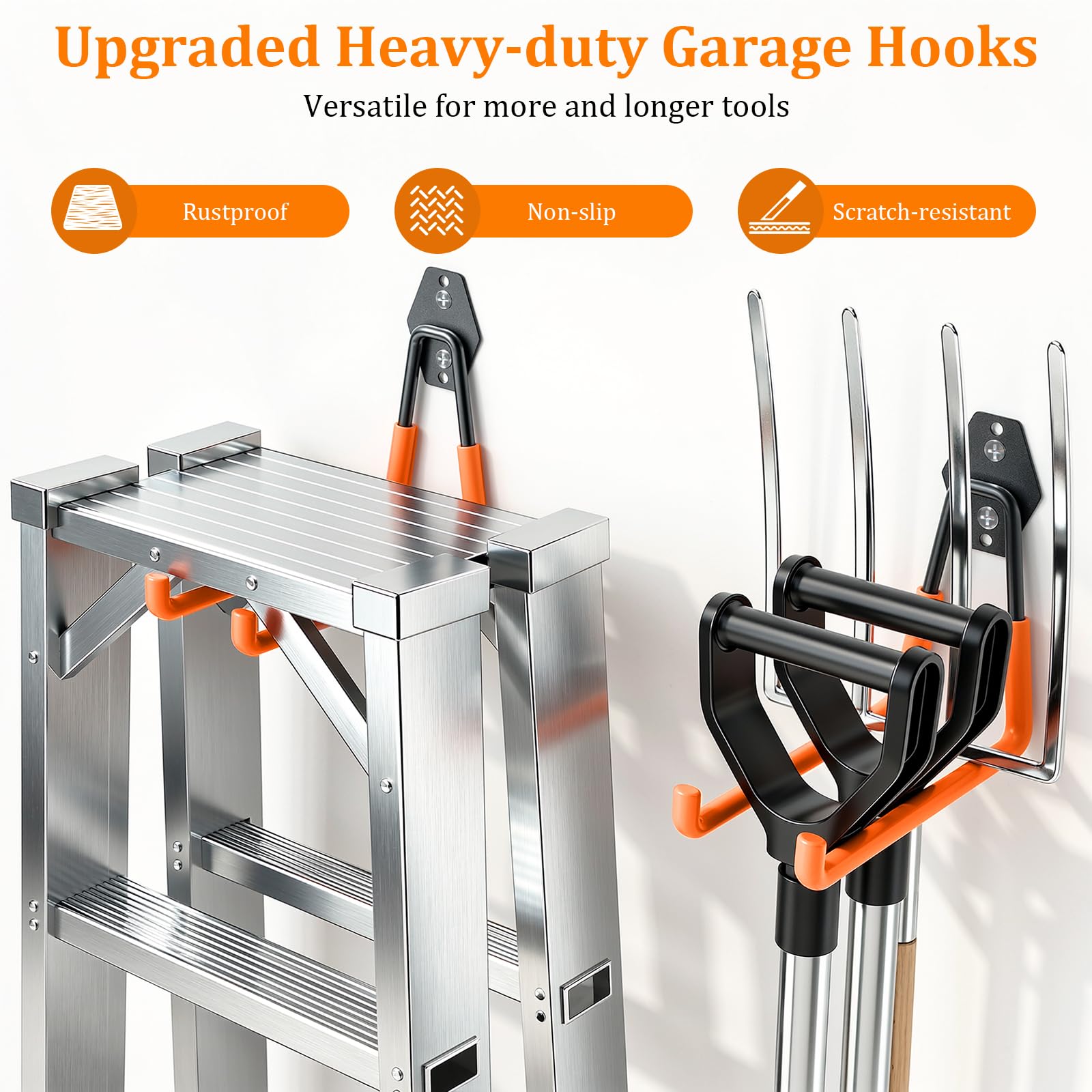 Housolution garden hose hook organizer stores hoses and tools neatly.