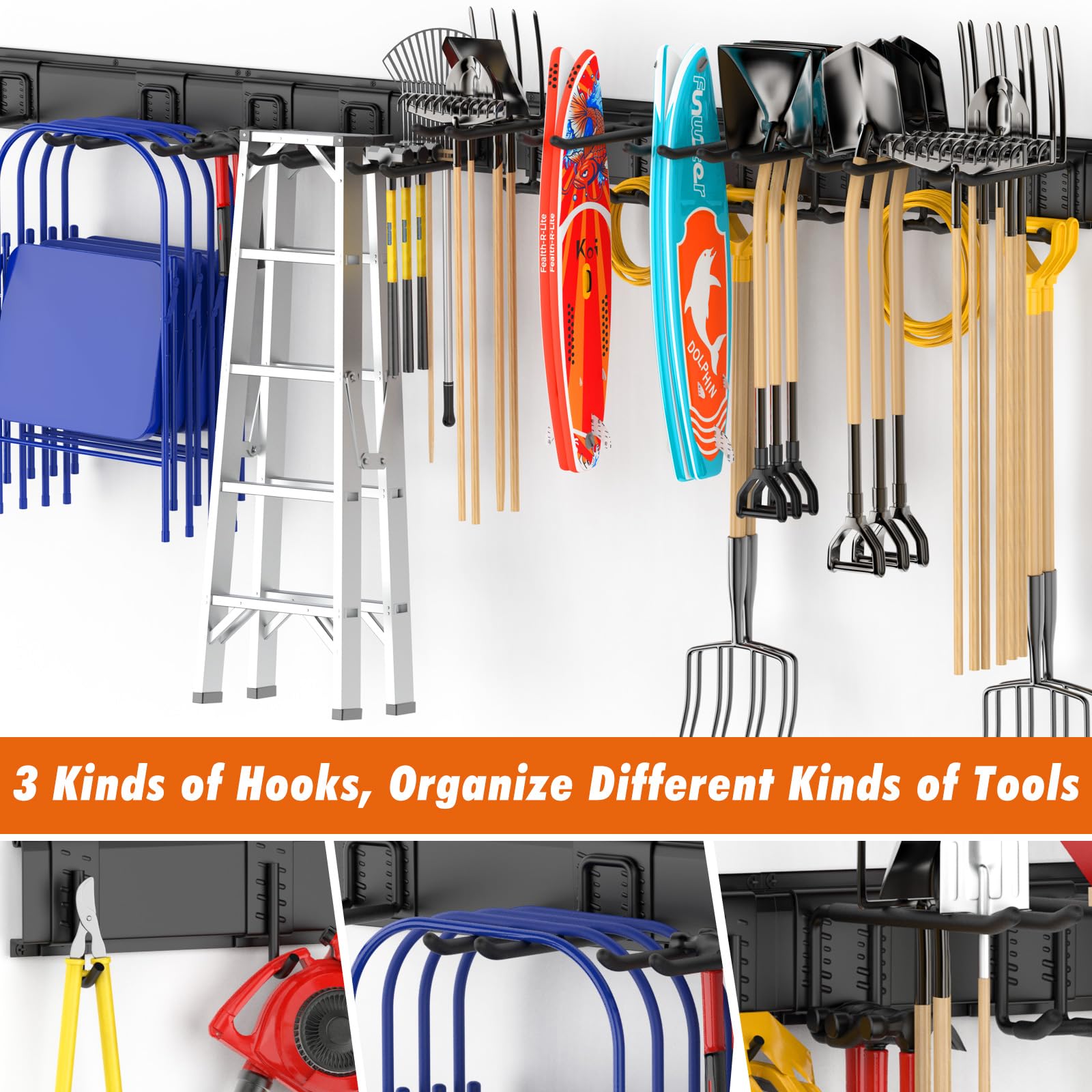 Housolution garden tools hung on rails maximize shed organization