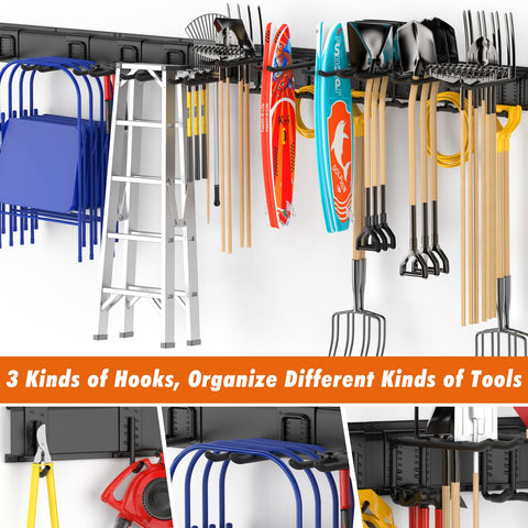 Housolution garden tools hung on rails maximize shed organization