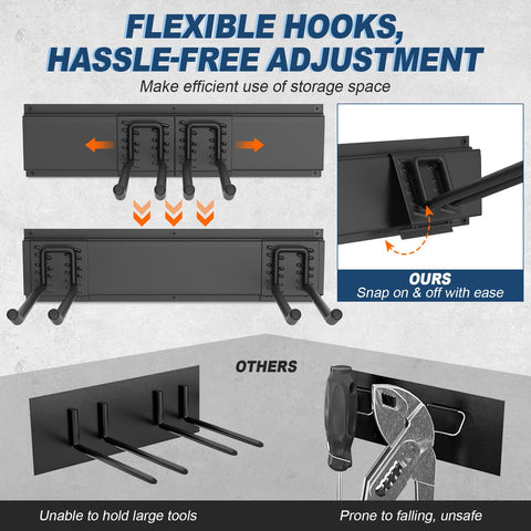 Housolution organizes rakes, brooms, hoses for a tidy garden area.