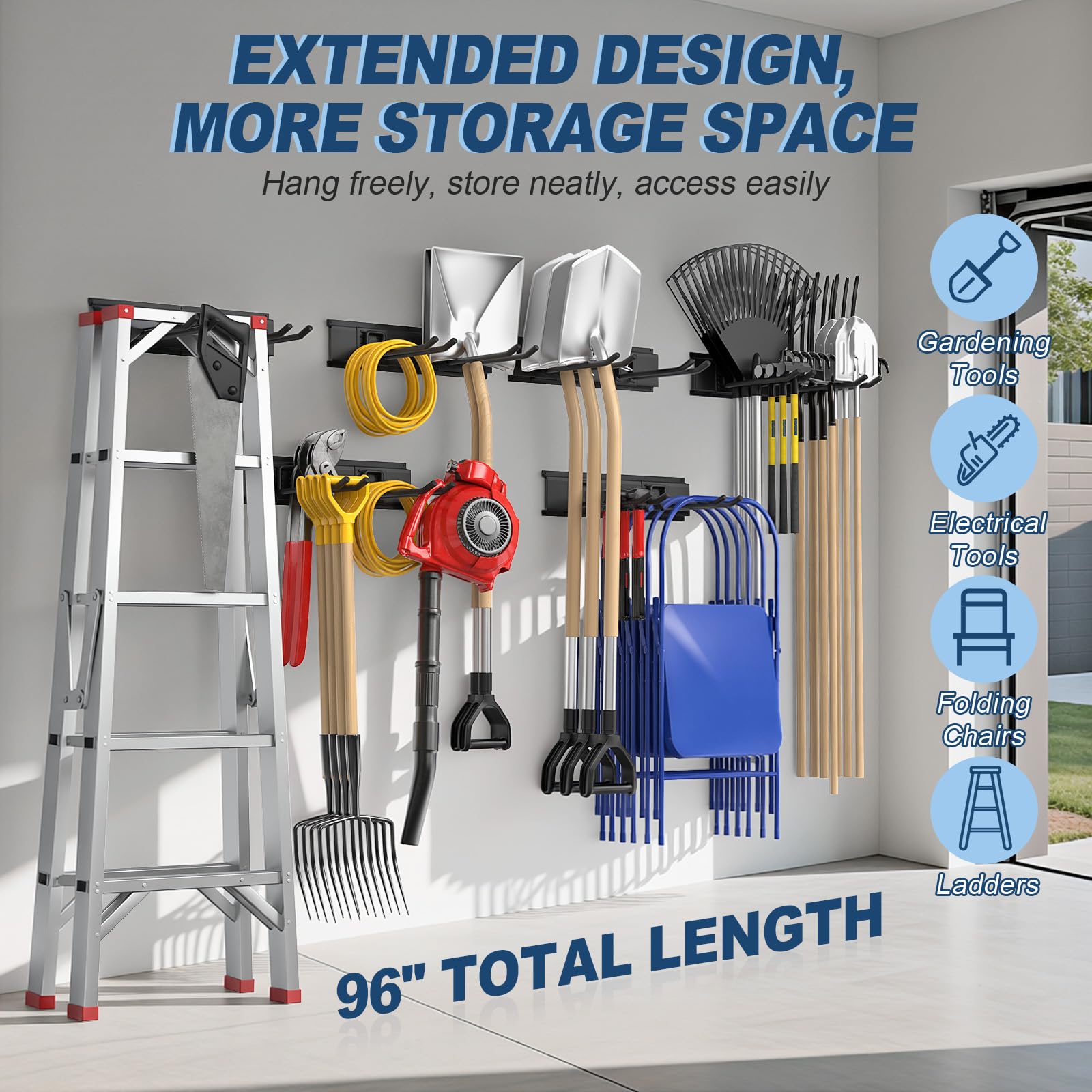 Housolution rail system with 12 adjustable hooks enables flexible tool placement.